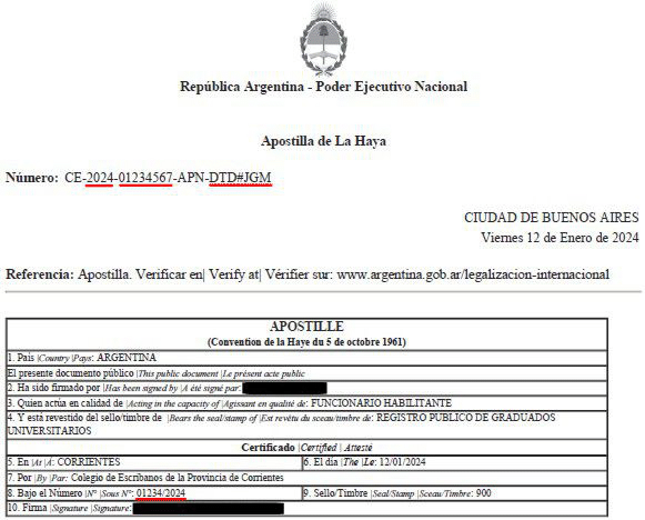 Ejemplo de una Apostilla Argentina